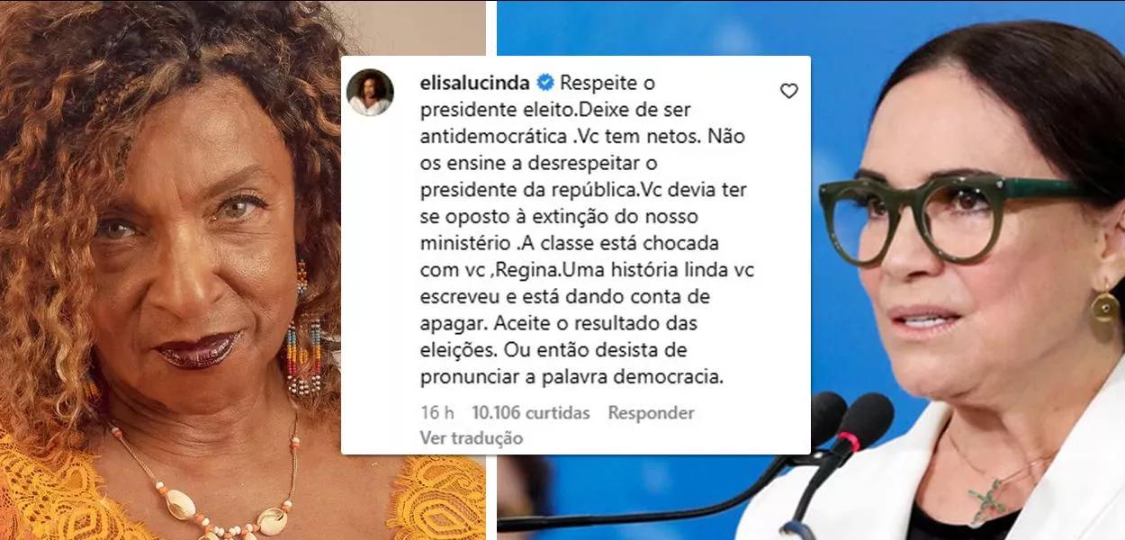 Regina Duarte diz que faixa de Lula é falsa e toma invertida de atriz