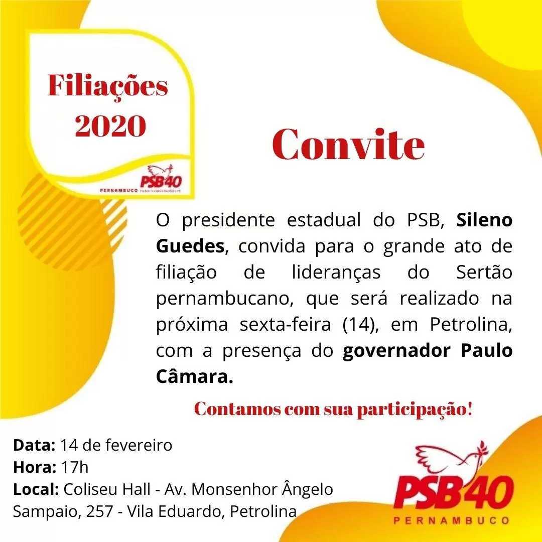 Petrolina: Grande ato de filiação do PSB acontece na próxima sexta (14) com a presença do Governador Paulo Câmara