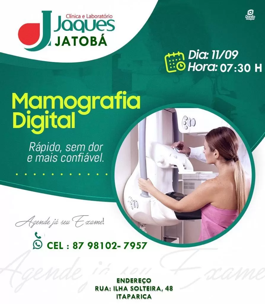 Jatobá: Clínica e Laboratório Jaques realiza mamografia digital na sexta-feira (11/09); Agende já a sua consulta!