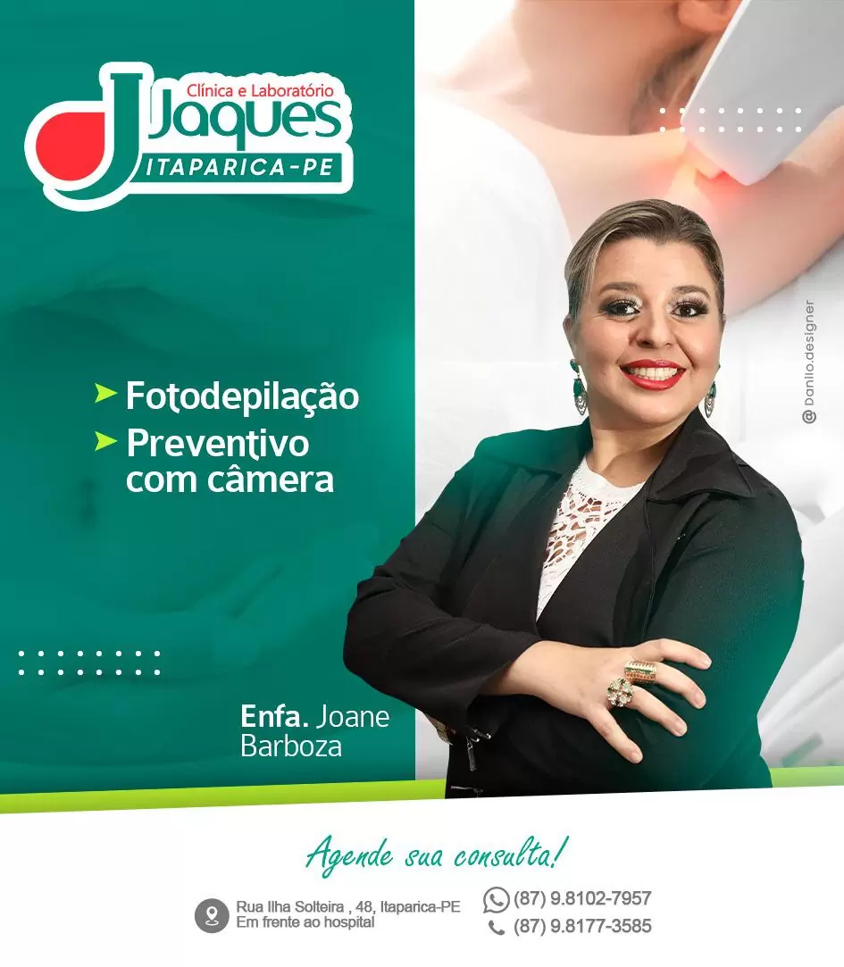Jatobá: Nesta terça (01/12) a Enfa. Joane Barboza realizará preventivo com câmera e fotodepilação na Clínica E Laboratório Jaques; agende seu horário!
