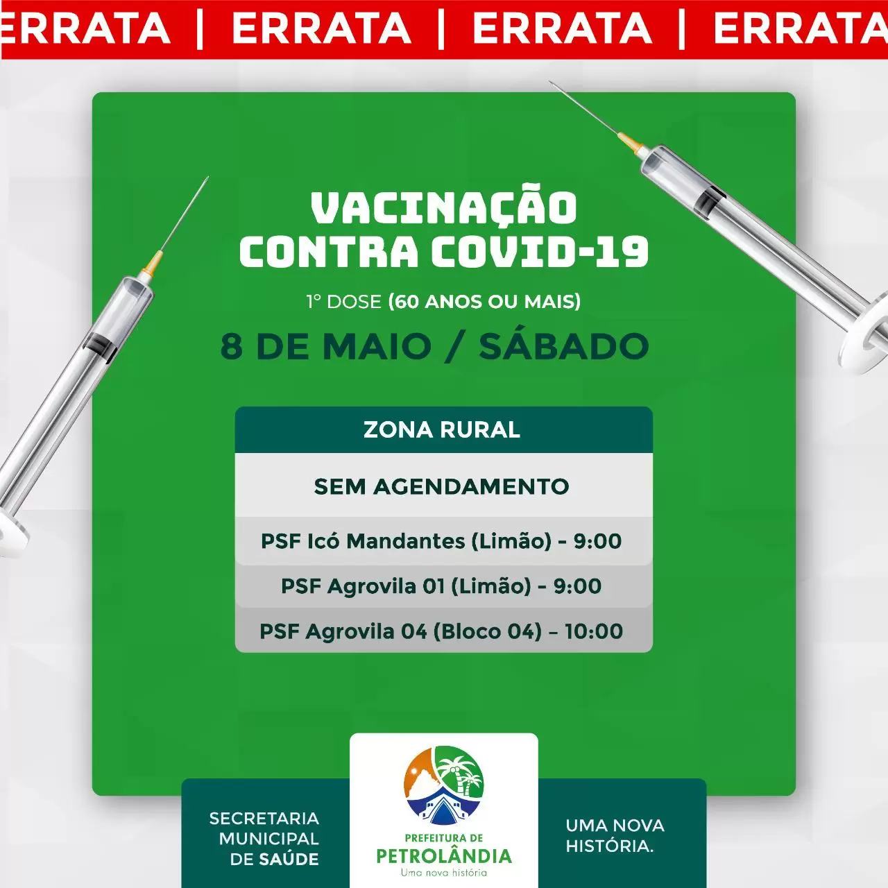 PETROLÂNDIA: A vacinação contra covid-19 para pessoas de 60 anos ou mais, será dia 08 DE MAIO (SÁBADO)