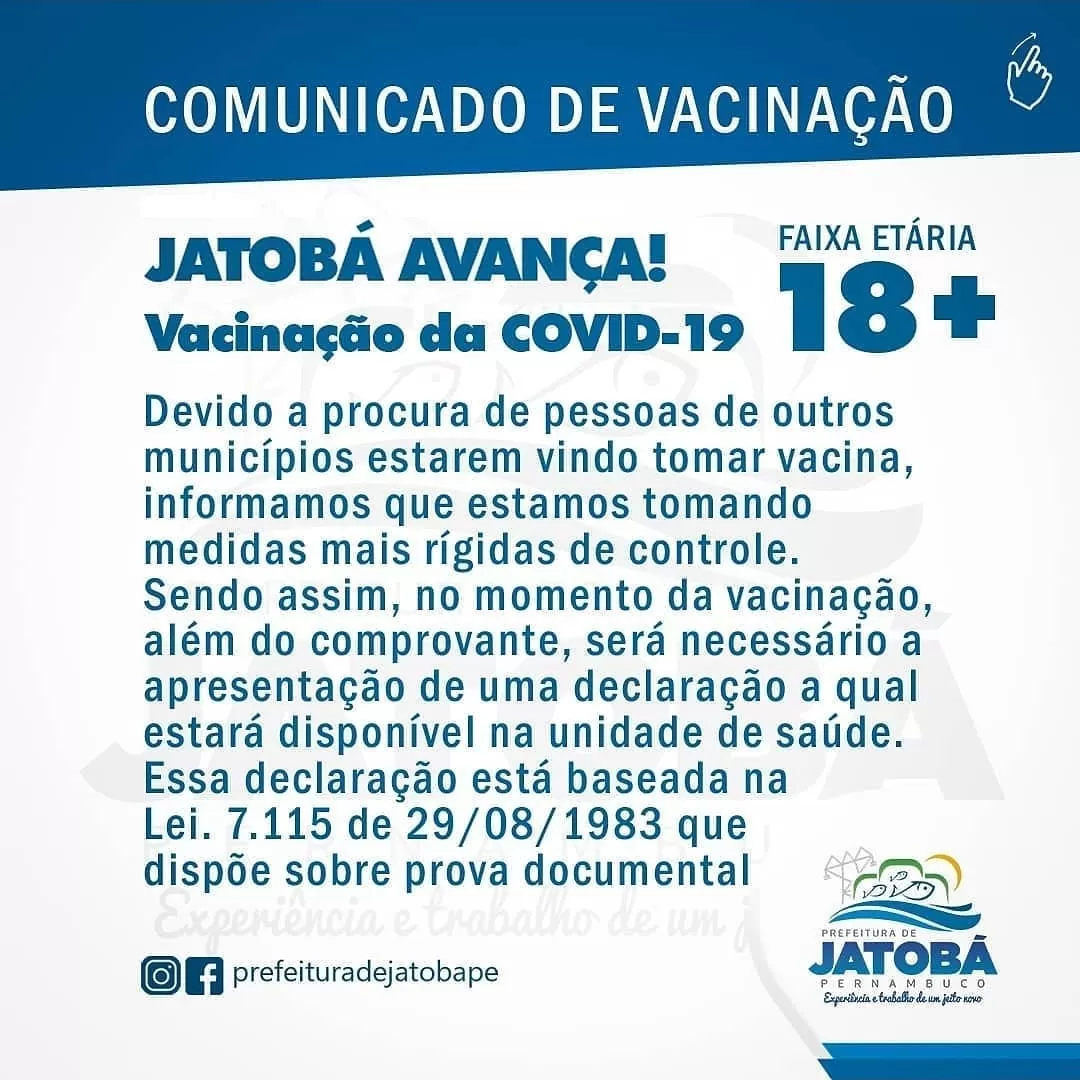 JATOBÁ: Vacinação contra a Covid-19 faixa etária 18+ primeira dose acontecerá à partir desta quarta (04/08); confira