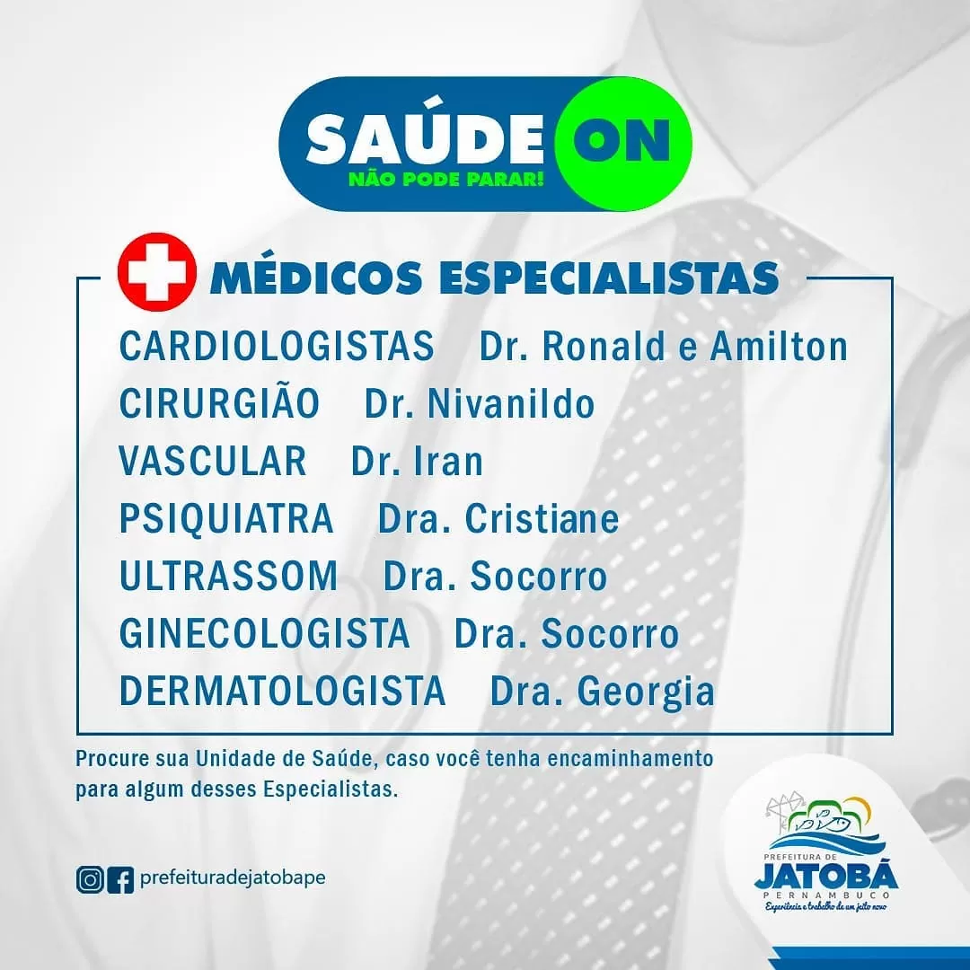 JATOBÁ: Secretaria de Saúde disponibiliza para a população relação de médicos especialistas disponíveis no município