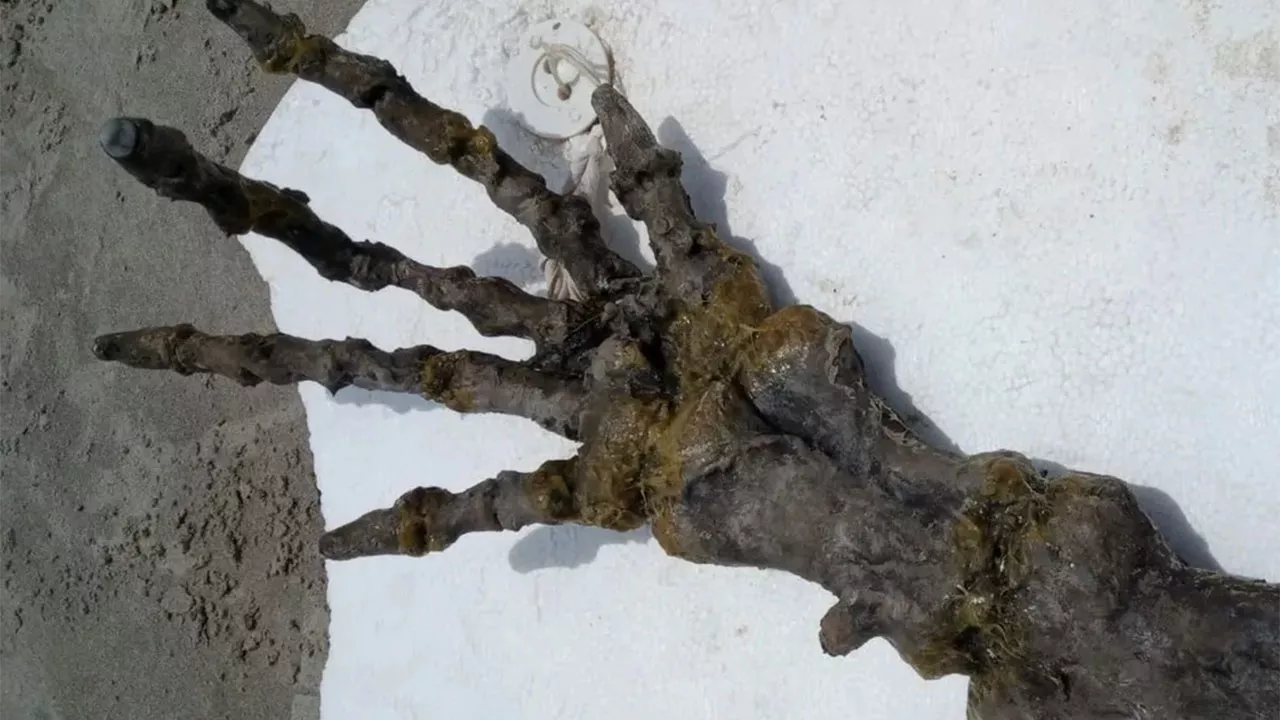 Esqueleto de ‘mão gigante’ é achada em praia de São Paulo; VÍDEO